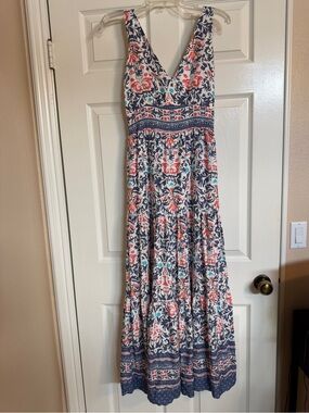 MELLO DAY Sleeveless V-Neck Floral Maxi Dress in Blue White & Coral XS